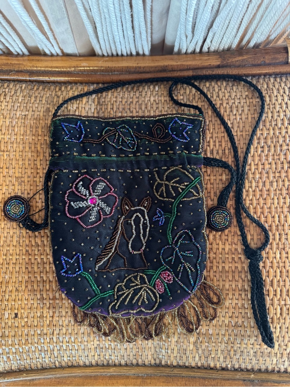 Vintage Hand Beaded Horse Drawstring Pouch Purse Boho Crossbody Fringe Epona - Picture 7 of 13